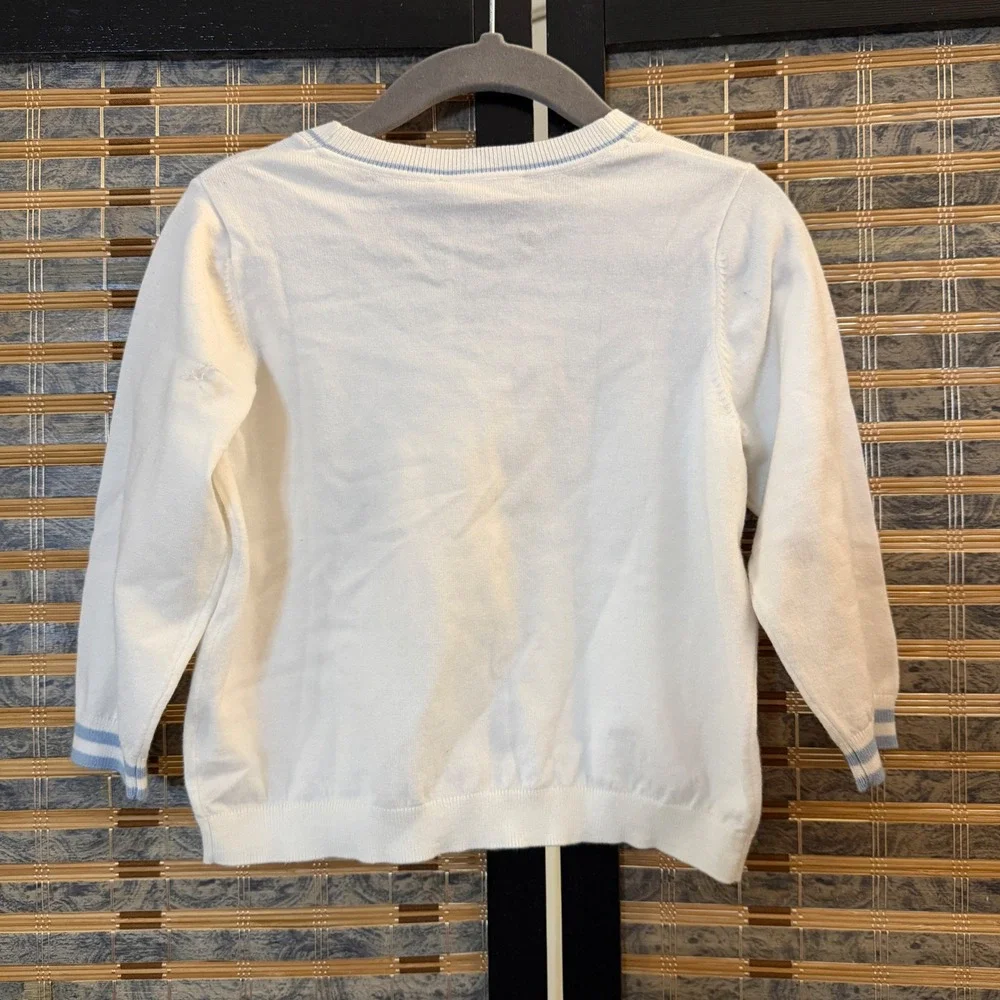 Dave & Bella Cardigan Kids Size 90 White Blue Preppy Crest Knit Sweater